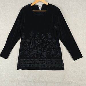 Superline USA Womens Velvet Blouse Black Beaded Floral Long Sleeve Top  M/L